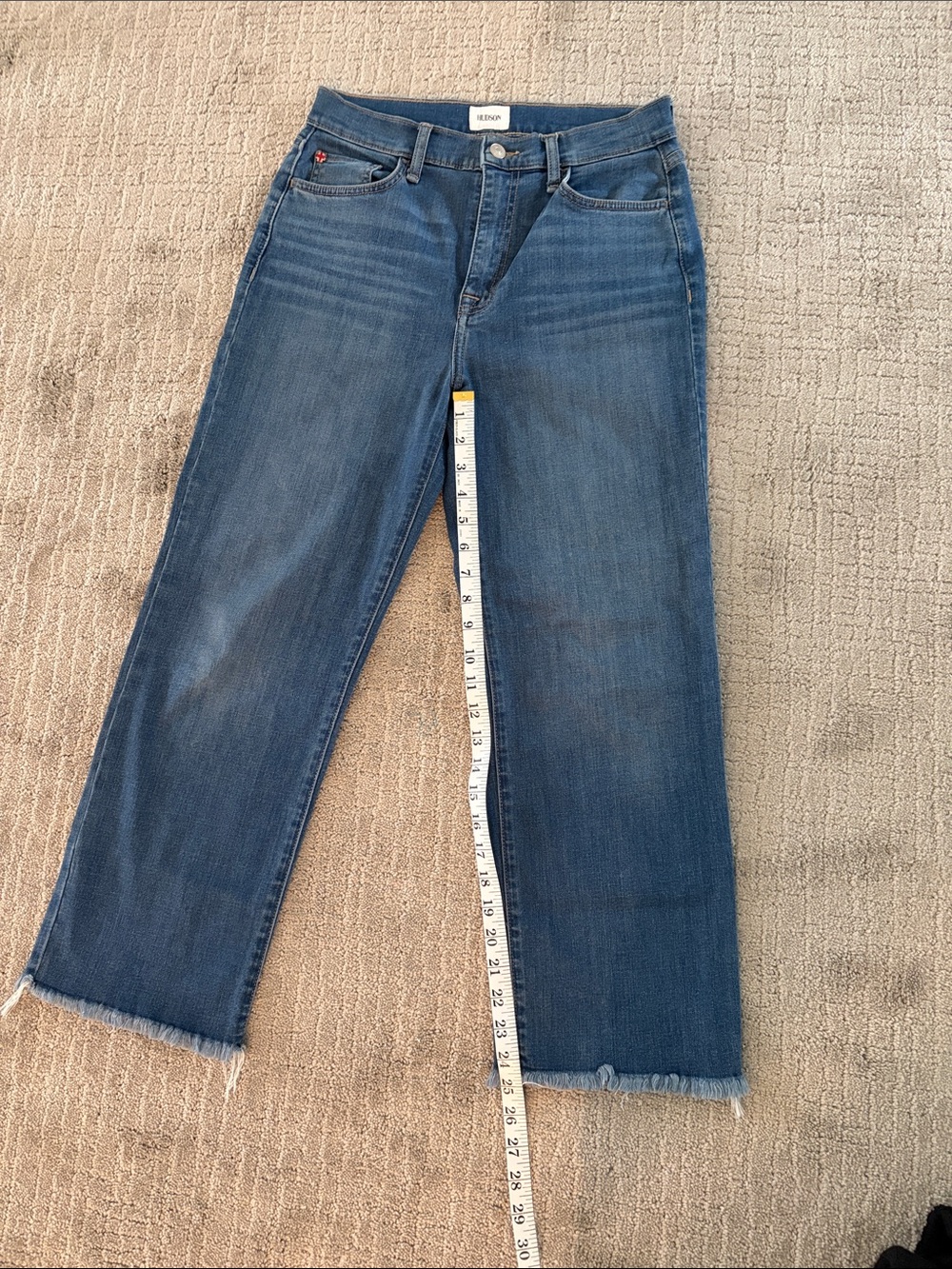 Hudson Jeans Women's Straight Leg Jeans in Medium Blue Denim with Raw Hem